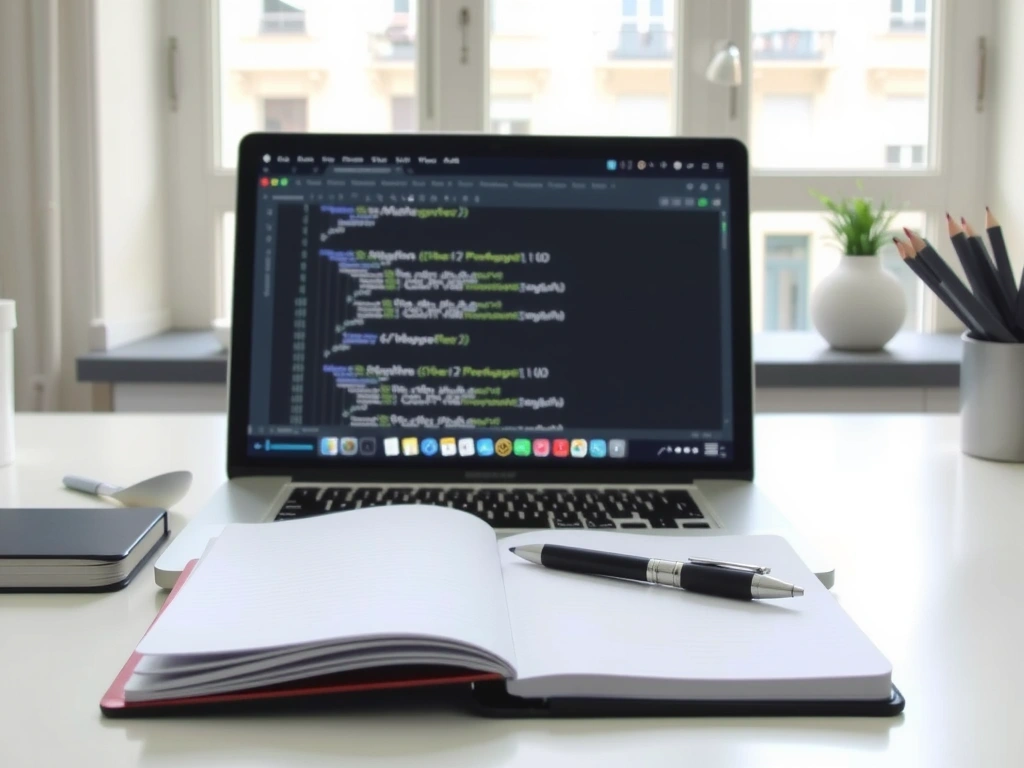 A minimalist Parisian design studio desk with a laptop and notebook